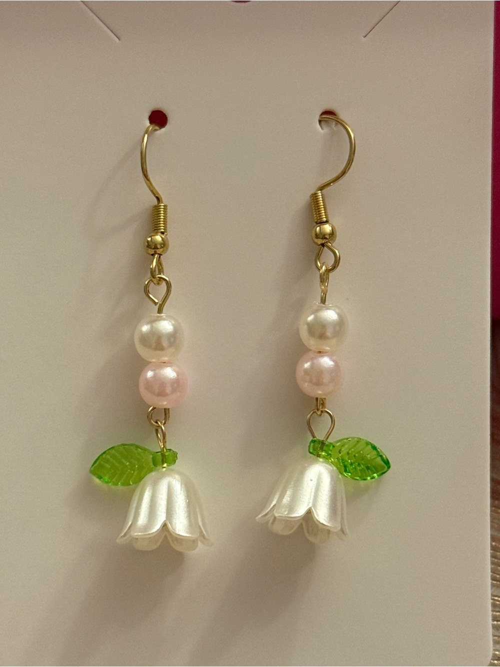 Handmade Pearl & Flower Drop Earrings with Green Leaf Accents